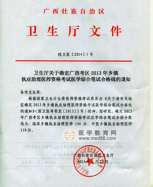 广西2013年乡镇执业助理医师考试医学综合笔试分数线通知