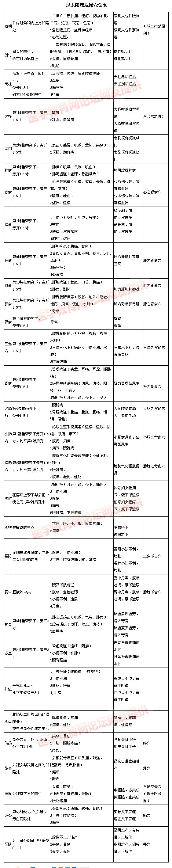 足太阳膀胱经穴位表