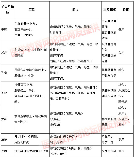 手太阴肺经穴位表