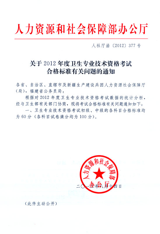 2012年度卫生专业技术资格考试合格标准确定 仍为60分