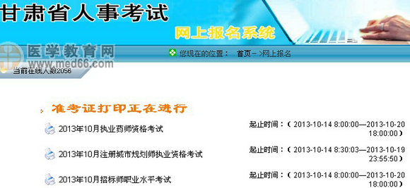甘肃2013年执业药师准考证打印入口