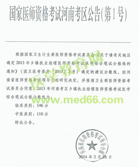 河南省2013年乡镇执业助理医师考试分数线