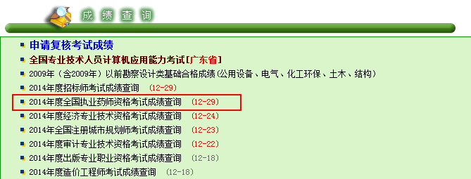 2014年广东省执业药师考试成绩查询入口12月29日开通