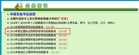 2014年广东省执业药师考试成绩查询入口12月29日开通