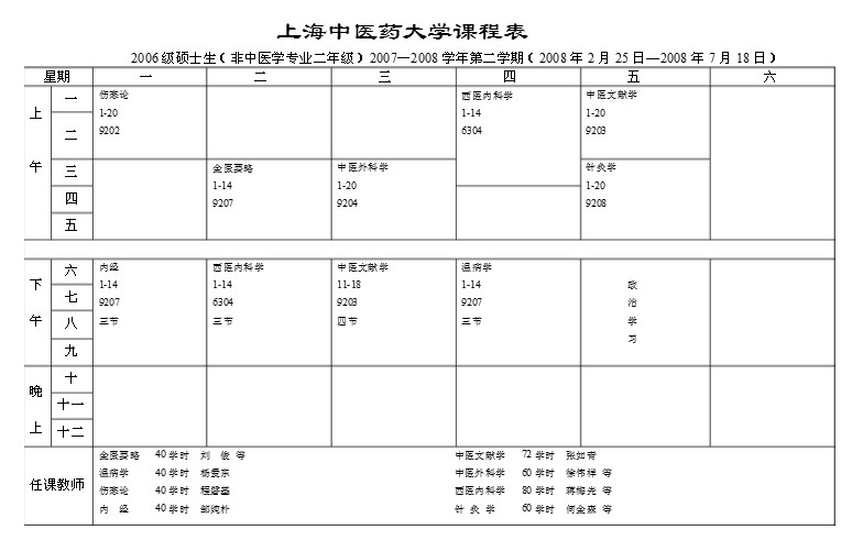 中医药大学09年药学课程表