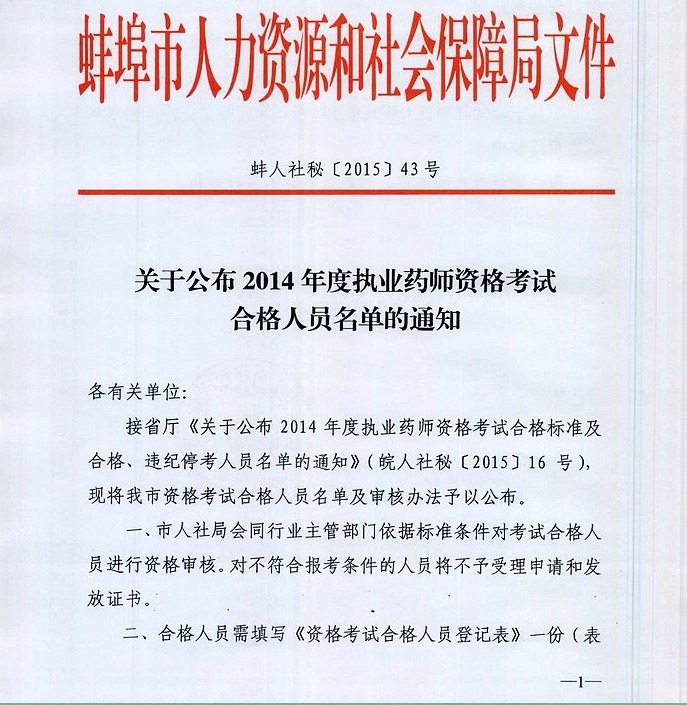 安徽蚌丰市2014年度执业药师资格考试合格人员名单的通知(蚌人社秘[2015]43号)