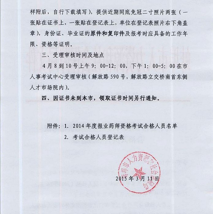 安徽蚌丰市2014年度执业药师资格考试合格人员名单的通知(蚌人社秘[2015]43号)