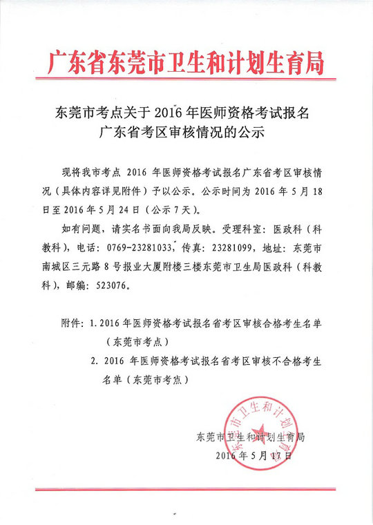 广东东莞市2016年医师资格考试报名审核情况公示