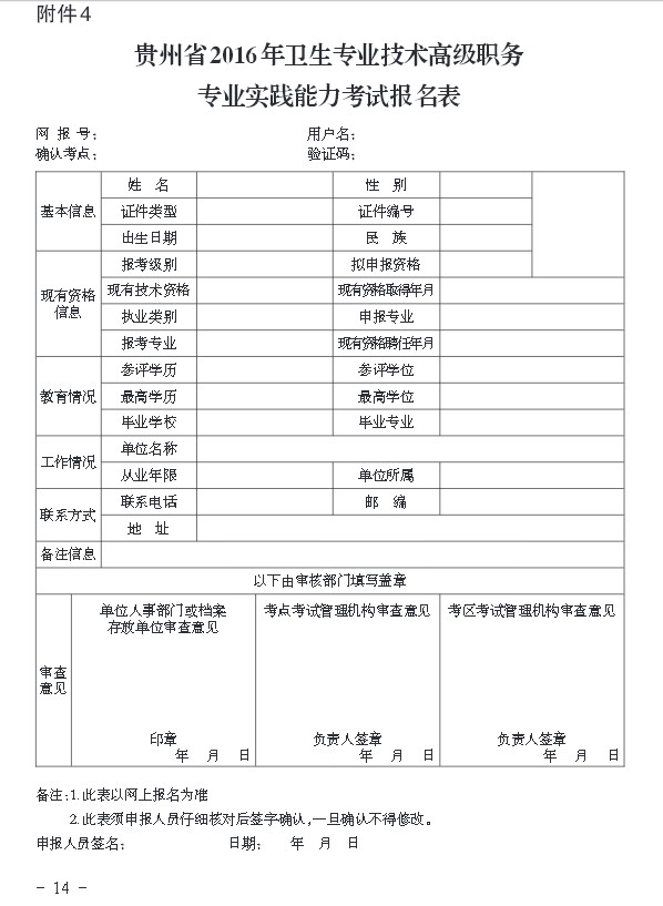 2016年贵州省卫生专业技术高级职务专业实践能力考试报名表