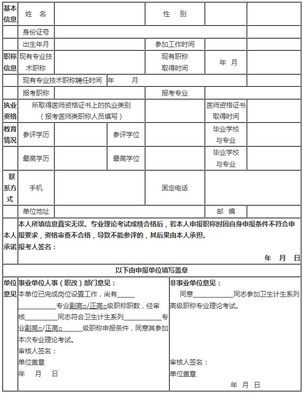 2016年度湖南省卫生计生系列高级职称专业理论考试报名表