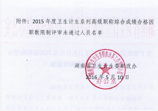 关于保留部分2015年度卫生计生系列高级职称评审人员综合成绩的通知