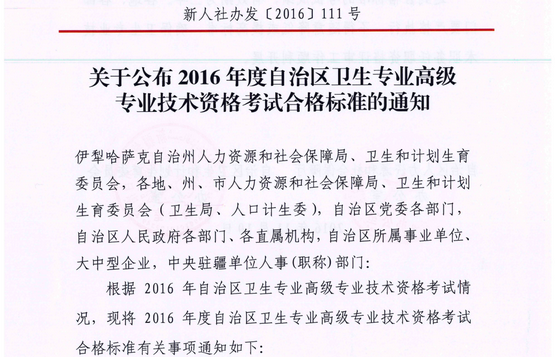 新疆2016年卫生高级资格考试合格标准