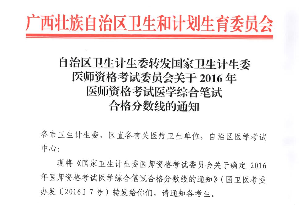 广西2016年医师资格考试合格分数线
