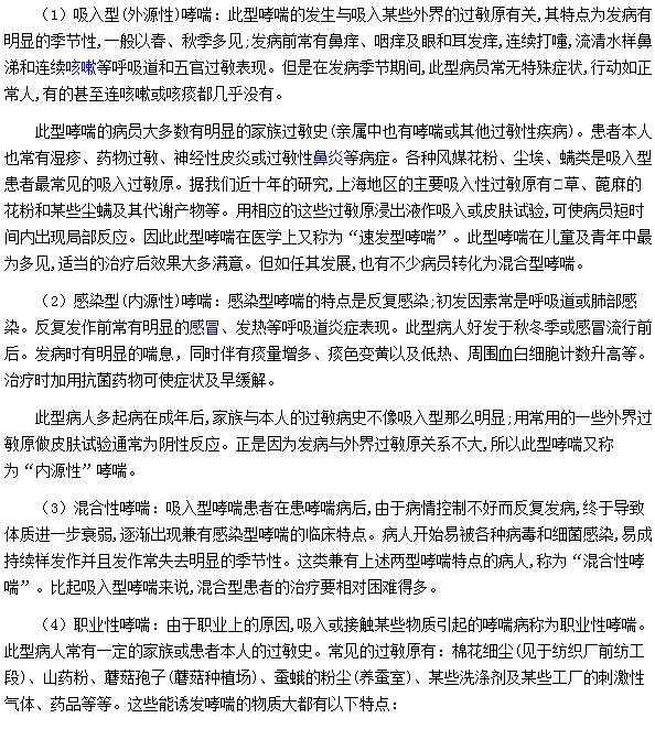 支气管哮喘可分为吸入型|混合性|感染型的哮喘类型