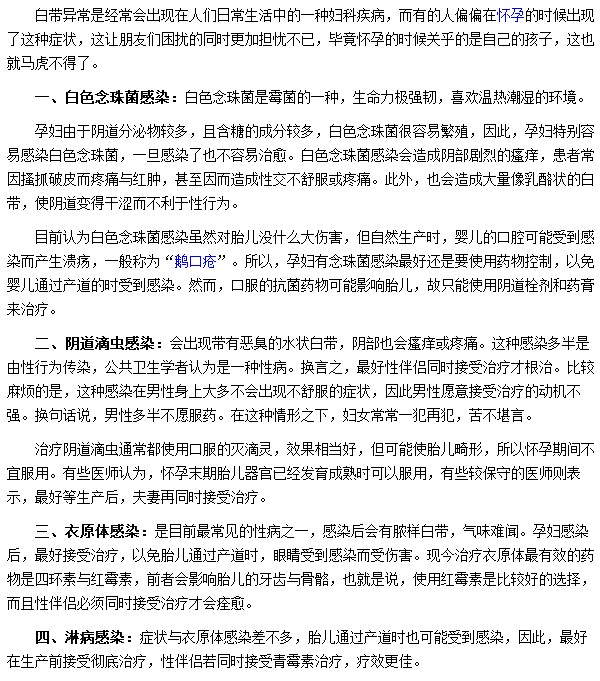 孕妇白带异常可能是因为阴道滴虫感染|白色念珠菌感染等