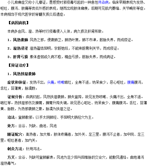 小儿麻痹症的病因病机及辨证治疗