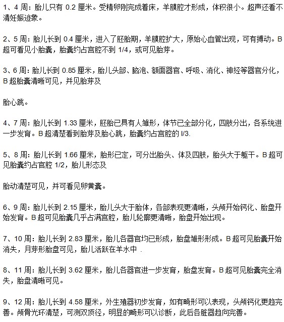 孕囊胎儿大小对照表