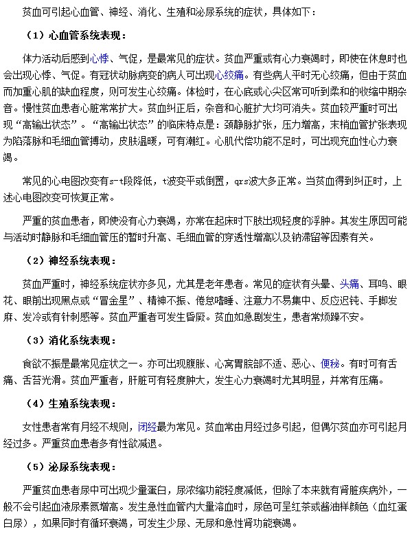 贫血会引起哪些器官出现症状表现