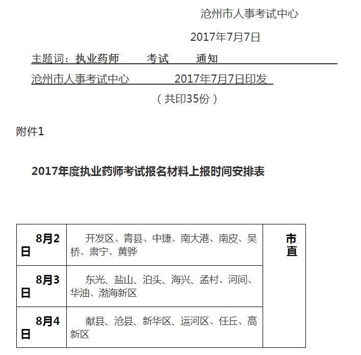 河北沧州市盐山县关于做好2017年度执业药师资格考试考务工作的通知