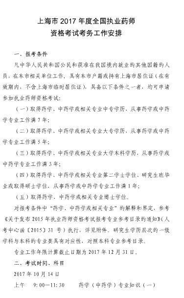 2017年上海市执业药师考试报名通知
