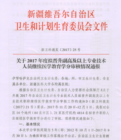 新疆2017年度拟晋升副高及以上专业技术人员继续医学教育学分审核情况