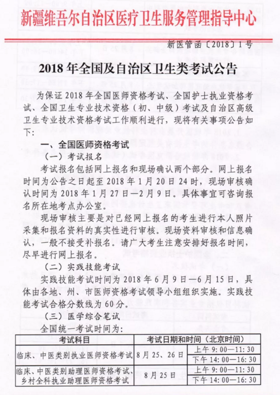 2018年新疆自治区医师资格考试网上报名通知