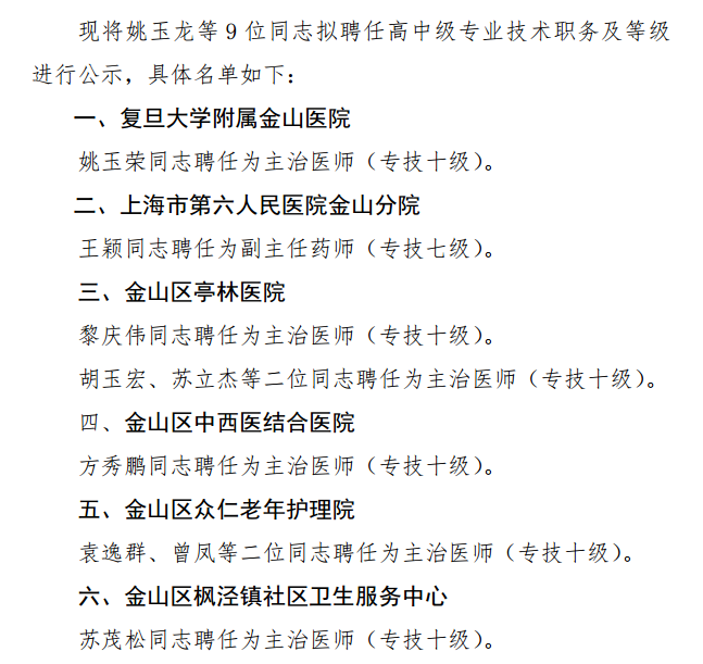 上海市金山区拟聘任卫生高中级9位专业技术职务及等级的公示