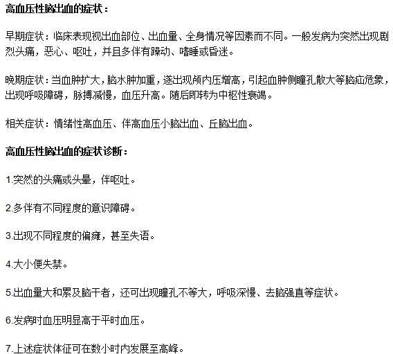 高血压性脑出血的症状表现有什么？如何诊断