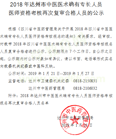 2018年达州市中医医术确有专长人员医师资格考核再次复审合格人员的公示