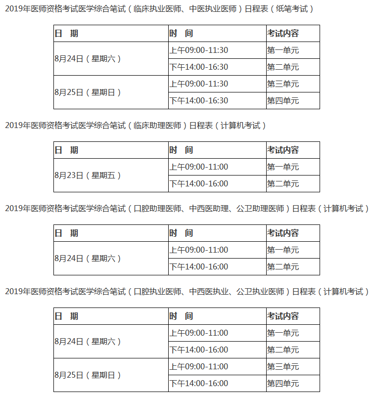 2019年医师资格证考试时间