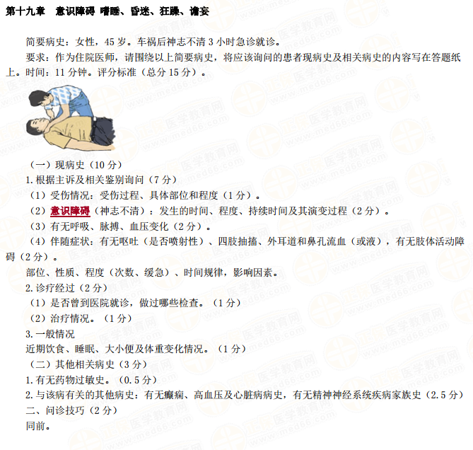 医师实践技能意识障碍嗜睡、昏迷、狂躁、谵妄病史采集模板