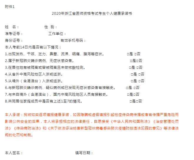 附件1：2020年浙江省医师资格考试考生个人健康承诺书