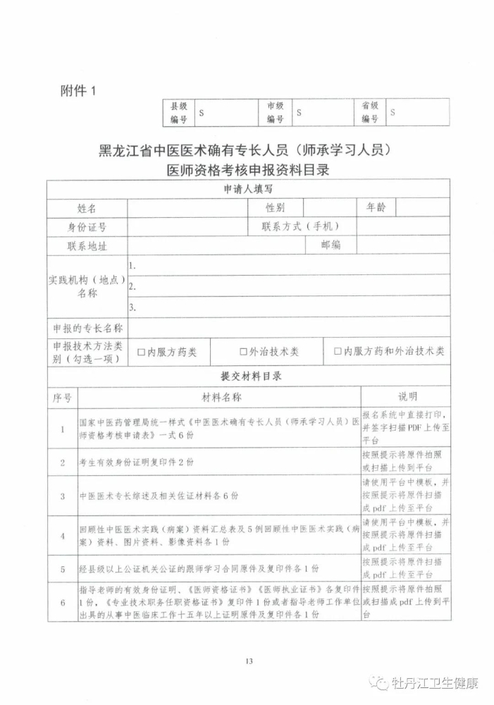 黑龙江省中医医术确有专长人员（师承学习人员）医师资格考核申报资料目录