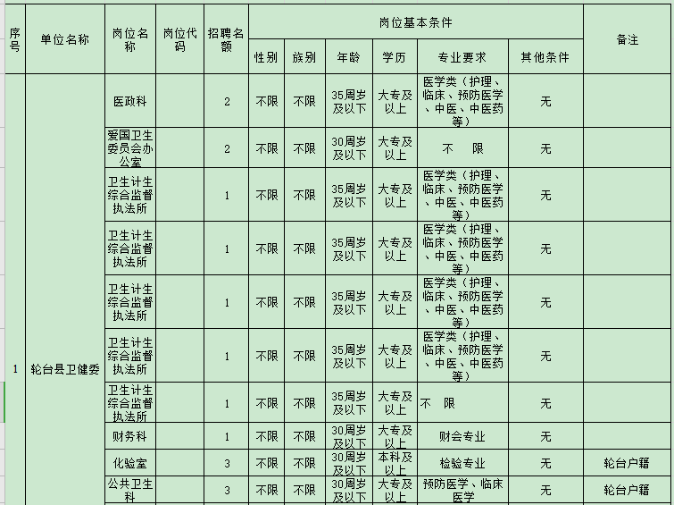 2020年新疆轮台县面向社会公开招聘编制外工作人员职位表（27人）1