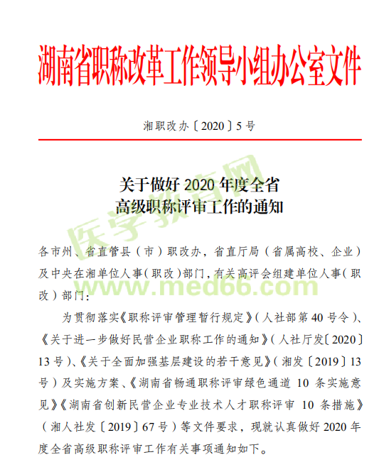 湖南关于做好2020年高级职称评审工作的通知