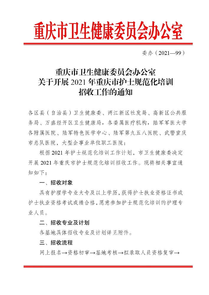 招录2200人！2021年重庆市护士规范化培训招收工作的通知
