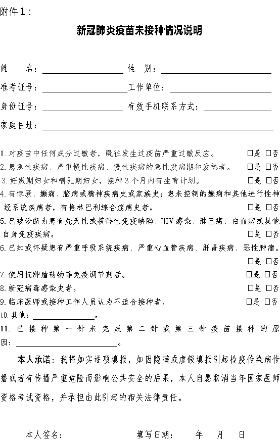 沧州考点医师资格考试未接种疫苗说明附件 沧州考点医师资格考试未接种疫苗说明附件