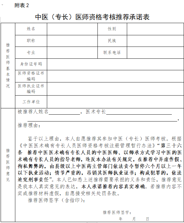 2021年宁夏自治区中医（专长）医师资格考核推荐承诺表下载