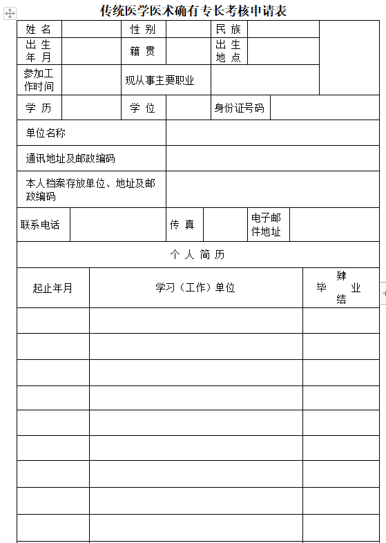 江西省2022年传统师承/确有专长考核报名材料模板《传统医学医术确有专长考核申请表》
