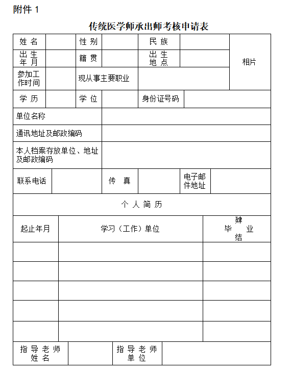 广东省2022年传统师承/确有专长考核报名材料模板《传统医学师承出师考核申请表》