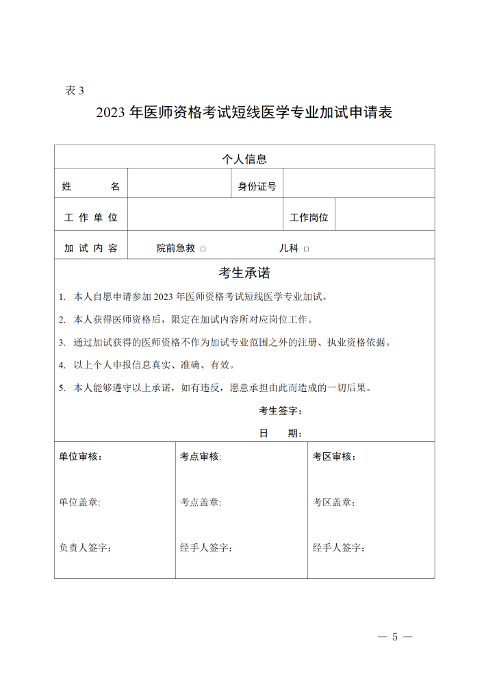《2023年医师资格考试短线医学专业加试申请表》下载（北京市）