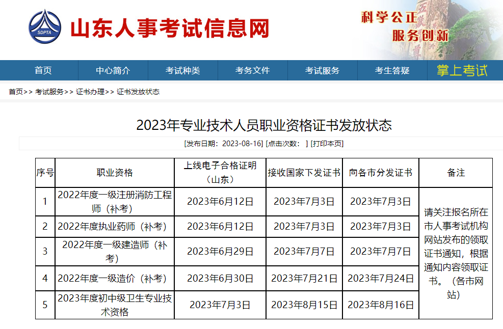 山东省2023年初级护师资格考试证书领取时间