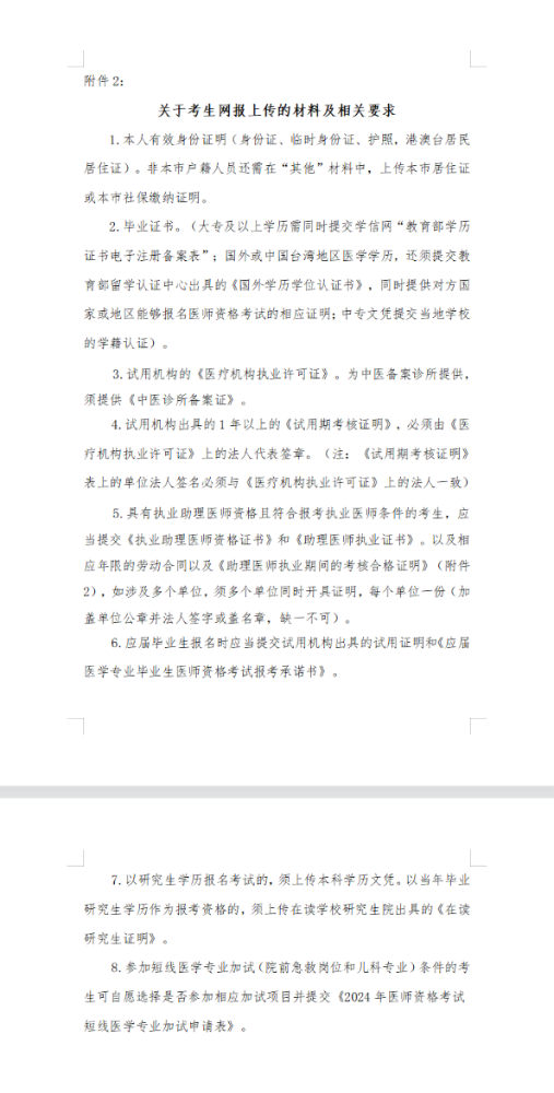 上海考区2024年中医执业医师考试考生网报上传的材料及相关要求
