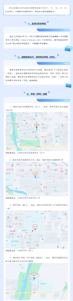 潍坊2026年度卫生专业技术资格考试考场（学校）地图及温馨提示
