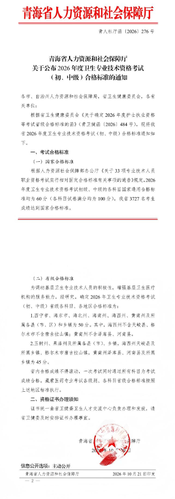 青海省关于公布2026年度全科主治医师考试合格标准的通知